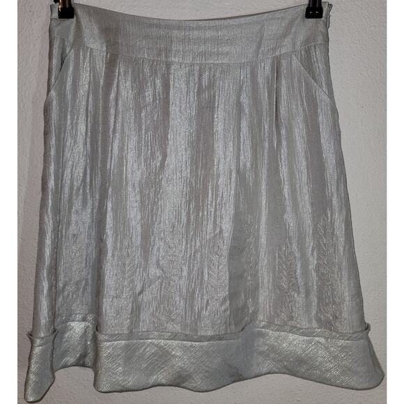 Intuitions Silver Shiny Metallic Embroidered A-Line Skirt 6 Hidden Pockets Lined - Picture 1 of 7